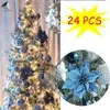 Feestdecoratie 24P Glitter Kunstmatige Kerstbloemen Bruiloft Boomkransen Ornament Binnendecoraties voor thuis