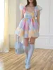 Casual Dresses Edhomenn Tulle Princess Dress for Women Short Puff Sleeve Big Hem Tie-Dyed Printing Square Collar Bubble Party