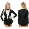 Womens Tuxedo Waitr roll Spela Costume Bowknot LG Sleeve Ruffle Dr Ballroom Latin Dance Dr Modern Ballet Dancewear W75Z#
