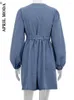 Robes décontractées 2024 automne hiver sexy bleu denim pour femmes col en v à manches longues à lacets mini robe élégante femme à poitrine unique