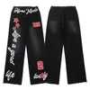 Nowy litera FI Drukuj Czarne workowate dżinsowe spodnie dla mężczyzn Ubranie ciemna streetwear prosta hip hop luźne lg spodnie pantal Q30p#