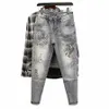 Spring Autumn Pojkvän Youth Stylish Denim Designer Printing Graphic Li Hot Drill Casual Gray Slim Cargo Men Jeans Pants Male I3bz#