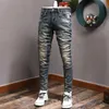 Fi Streetwear Hommes Jeans Rétro Noir Bleu Élastique Slim Fit Ripped Jeans Hommes Broderie Designer Vintage Casual Denim Pantalon u5mM #