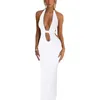 Casual Dresses Women Summer Long Bodycon Dress Sleeveless Backless Solid Color Tie-up Halter Neck Deep V-Neck Cocktail For Party Club