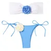 Mulheres Swimwear Split Bandeau Bikini Set Elegante Flor 3D Com Lace-Up Briefs Patchwork Cor Maiô Para Rápido