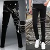 black Jeans Men Punk Zipper Chain N-Mainstream Men's Korean Jeans Trendy Fall Slim Fit Stretch Skinny Pants Free Waist Belt 78an#