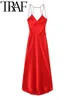 TRAF 2024 Woman Fashion Sleeveless Backless Halter Dress Casual Slim Soft Satin Midi Long Dresses For Women Vestidos Mujer Red 240328