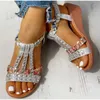 Сандалии женские летние новые богемные туфли на танкетке с кристаллами-гладиаторами в римском стиле для пляжа на резинке для отдыха H2403288YSH