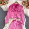 Autumn Women Pink Denim Set Lapel LG Sleeve Kort denimjacka Hög midja denim kjol Korean kvinnlig tvådelar Set Streetwear E2WI#