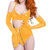 Glossy PVC Leather Short Sets Slim Bra Tops and Zipup Crotch Mini with Gloves 3 Piece Set Women Sexy Club Costumes S7XL 240228