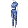 cutenova Mesh Suit Colorfull Printed Short Sleeve O Neck Crop T-shirt+Pant Tracksuit Woman 2pcs Casual set C3M6#