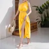 Çalışma Elbiseleri Bahar Düz Renkli Lady Elegant İki Parçalı Set Moda Diagonal Kelebek Kayışı Seksi Split Kadınlar 2024