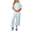Kvinnors tvådelade byxor elastiska bredbensbyxor Stylish Top Set med V-hals bred bendesign plus storlek hemkläder tvådelar för avslappnad