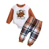 Clothing Sets Baby Boys Pants Set Long Sleeve Crew Neck Turkey Print Romper With Plaid Thanksgiving Clothes