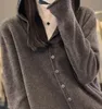 2024 Hot Sale Autumn Women's Cardigan 100% ull stickad tröja chic toppar cmere kappa huva krage lösa stora storlekar kvinnor u9kq#