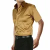 stylish Gold Silk Satin Shirt Men Chemise Homme 2019 Casual Short Sleeve Slim Fit Mens Dr Shirts Busin Camisa Masculina Q8PZ#