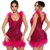 Casual Dresses 2024 Hong Kong Style Retro Sexig Sequined Suspender Party Privatkläder Socialitklänning Fashion Feather Swing