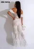 CMYAYA Fashion Lace Womens wyruszył na ramię w górę top i flare spodnie 2023 Street Dwa 2 -częściowe strój strój 240315