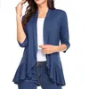 Cardigan pour femmes printemps été automne vêtements couleur unie haut slim ourlet à volants manches trois quarts mince manteau simple noir bleu y47F #