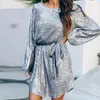 Casual Dresses Fashion Sexy Round Neck Lantern Sleeve Belt Pencil Skirt Sequin Dress Nightclub Club Women's Fall Silver Party