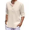 Mäns LINEN LG SLEEVE T-shirt Solid Color Loose Casual Shirt LG Sleeve Cott Linne Skjorta överdimensionerade V-Neck Topps S-5XL N1P5#