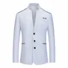 Formell kostym blazer för män Slim Fit Stand Collar Jacket Busin Work Butt Coat White/Gray/Pink/Red/Navy Blue W64O#