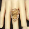 Bandringen Iced Lion Head for Mens Hip Hop Crystal Rhinestone Gold Animal Sign Women Rapper Hiphop Jewelry Gift Drop levering Rin DHWCC