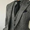 Męskie garnitury 3 sztuki szara wełna jodełka szczupła FIT Formal Formal Busin Groomsmen Tweed Tuxedos na ślubne blezer+spodnie+kamizelka x86p#