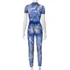 cutenova Mesh Suit Colorfull Printed Short Sleeve O Neck Crop T-shirt+Pant Tracksuit Woman 2pcs Casual set C3M6#