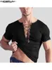 Homens camisetas Homens Camiseta Patchwork V Pescoço Streetwear Manga Curta 2023 Lace Up Camisetas Fitness Sexy Moda Casual Homens Roupas 724328