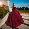 Wine Red Glitter från axelbollklänningen Quinceanera klänningar Sweet 16 Princess Sequined Beads Prom Gowns Vestidos 15 DE