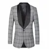 men Tuxedo Jacket Slim Big Shawl Lapel Check Blazers Plaid Wedding Groom Banquet Party Prom Gray Khaki Single Breasted 1 Butt w5uz#