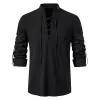 Chemises en lin Cott pour hommes Chemise à manches Lg Col en V Blouse décontractée Printemps Été Mince Frt À Lacets Hauts Respirant Hommes Vêtements X82F #