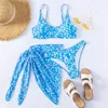 Women's Swimwear Flower Printed High Cut Bikini Women Female Swimsuit Three-pieces Set With Sarong Bather Bathing Suit Swim K3119