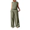 Women's Two Piece Pants 1 Set Top Simple Pure Color Wide Leg Outfit Temperament T-shirt Vintage Streetwear