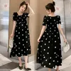 Zomer Vierkante Kraag Zwangere Vrouw Chiffon Jurk Korte Mouwen Mode Moederschap Polka Dot Hoge Taille Zwangerschap Kleding 240326