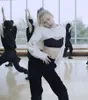 Damen Zweiteilige Hose Kpop Korean Celebrity ROSE Jazz Dance Sexy Sling Weste Tops Kurze Hoodies Schwarz Lose Hohe Taille Elastische Jogginghose