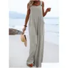 Women'S Jumpsuits & Rompers Designer New Woman Solid Strap Wide Leg Pants Pockets Romper Casual Summer Sleeveless Fashion Loose Dunga Dhkct