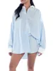 Accueil Vêtements Femmes Assorti Pyjama Ensemble Rayé Imprimé Manches Longues Chemise Boutonnée Taille Élastique Short 2 Pièces Vêtements De Nuit D'été Loungewear