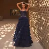 Vestidos de festa elegante azul escuro longo noite para mulheres tule cinta de espaguete querida strass cinto formal vestidos de baile de baile