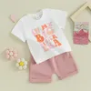 Kläder sätter mandizy baby flicka kläder sommar kort ärm rolig bokstav t-shirts casual fasta färg shorts set småbarn outfit