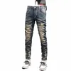 nouvellement Fi Designer Hommes Jeans Rétro Bleu Élastique Stretch Slim Fit Imprimé Déchiré Jeans Hommes Vintage Pantalon Denim Occasionnel Hombre 603i #