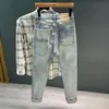 Calças de brim para homens costura rasgado buraco remendo fi europeu estilo americano retro magro biker jeans calças jeans streetwear m9pB #