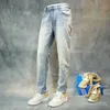 italiensk stil fi män jeans retro ljusblå stretch smal fit rippade jeans män vintage byxor designer denim byxor hombre q2oc#