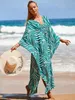 Boho vert impression robe de plage décontracté col en V manches chauve-souris côté fendu caftan 2024 femmes vêtements d'été robes maxi Q1297 240323