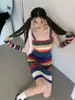 Robes décontractées Sweet Girl Stripe Coloré Stripe Robe à bretelles tricotées Printemps Slim Wrap Hip Longueur au genou Court Mode Vêtements féminins