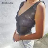 Women's Tanks Sexy Trending Summer Street Wear Top Sleeveless V Neck Breathable Hollow Out Diamond Mesh Rhinestone Fashion Crop