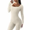 Kadın Yoga İnce Fit Tulum Katı Şeritli Örgü LG Sleve Square Boyun Bodyc Tulum Romper Spor Yoga Playsuits 426D#