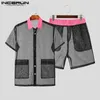 Męskie koszulki 2023 Zestawy mężczyzn Mesh Patchwork Transpare Lapel Short Shirt Shorts 2PCS Modna odzież Streetwear Sexy Men Suits S-5xl24328