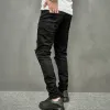 Juventud Fi Black Patchwork Ripped Denim Pantalones Otoño Hombres Estiramiento Skinny Jeans Streetwear Masculino Casual Cott Lápiz Pantalones 791e #